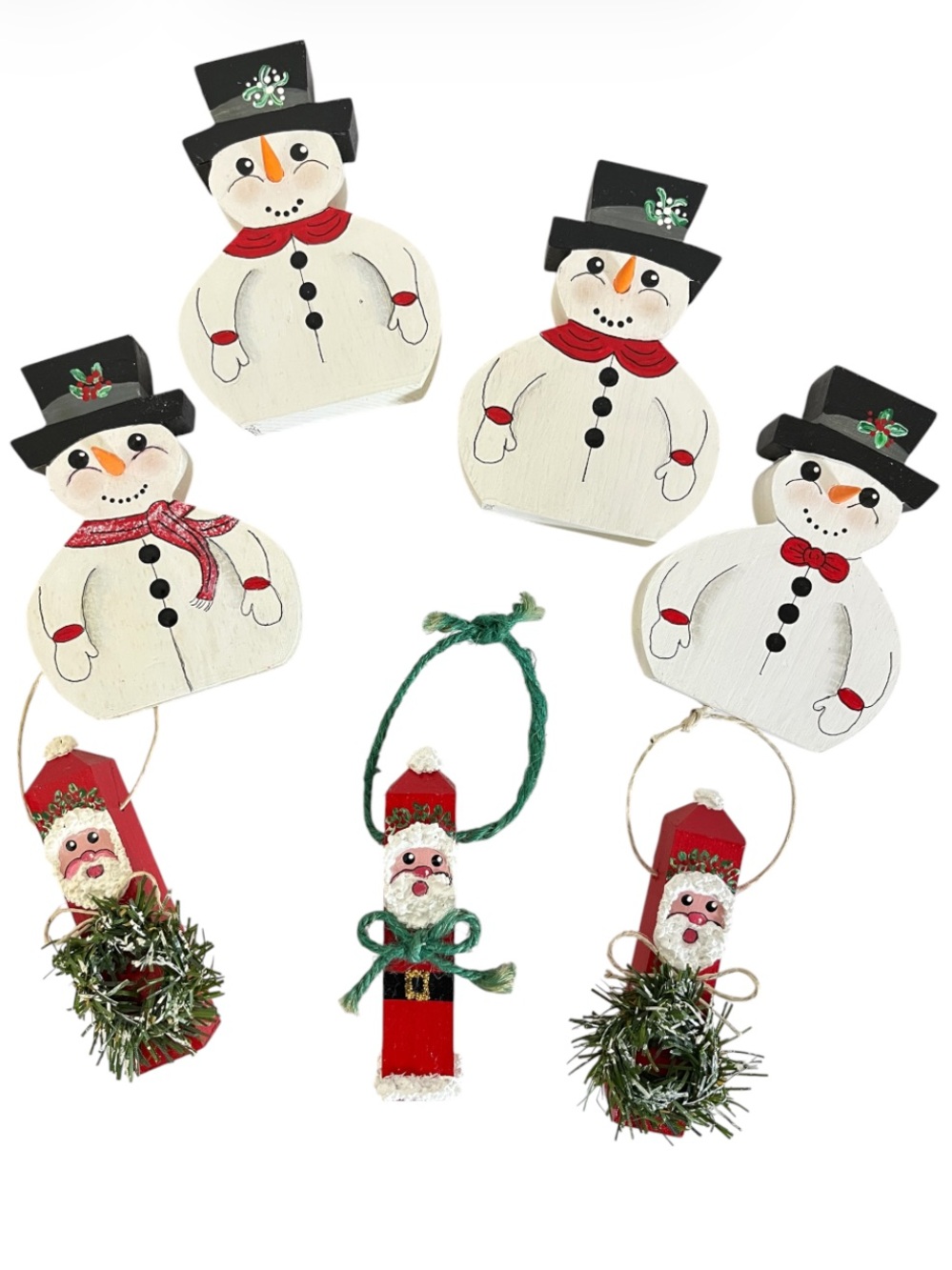 7 Piece Handcrafted White Snowman & Red Santa Painted Wood Holiday Ornaments